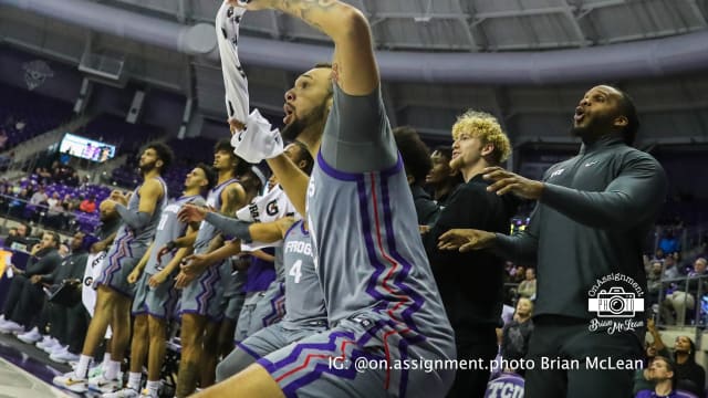 TCU men's basketball's JaKobe Coles with a towel against Alcorn State on November 21, 2023.